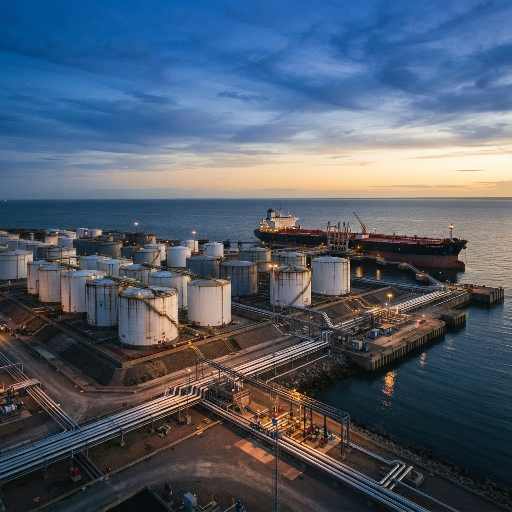 Crude oil storage terminal with tanks and a docked tanker at dusk